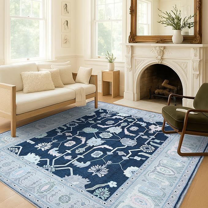 Fame Living Navy Blue Oushak Rug, Modern, Vintage, Turkish, Eclectic, Floral, Pastel, Washable, Oversized, Extra Large Area Rugs for Living Room, Dining, Bedroom, Lounge 9'5"x14'
