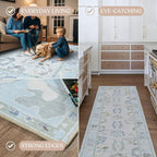 Fame Living Cream Blue Oushak Rug, Modern, Vintage, Turkish, Eclectic, Floral, Pastel, Washable, Area Rugs for Living Room, Dining, Bedroom, Office, Entryway, Foyer, Playroom, Nursery, 5'x6'9"