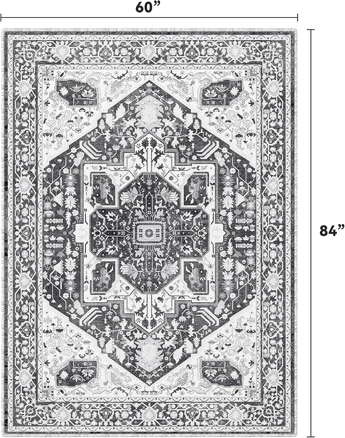 EnHomee 5x7 Area Rugs Washable for Bedroom, Boho Vintage Rugs, Foldable Area Rug for Dining Room, Non-Slip Soft Living Room Rug, Low Pile Large Carpet for Bathroom, Grey