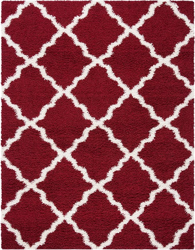 SAFAVIEH Area Rug 8x10 - Dallas Shag Collection - Large - Red & Ivory, Trellis Pattern, Non-Shedding & Easy Cleaning, Plush Thick Pile, Ideal for Living Room, Bedroom, Dining Space (SGD257Q)