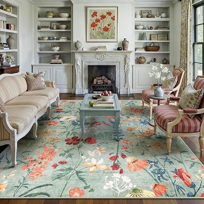 Green Area Rug 5x7 Floral Washable Living Room Kitchen Boho Carpet Non Slip Low Pile Indoor Accent Lightweight Soft Throw Rug for Bedroom Office Dining Room Nursery Farmhouse