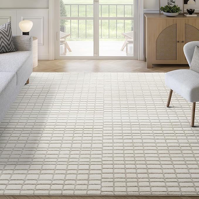 Abani Cream Grid Textured Area Rug - 6' x 9' - Chunky, Plush and Soft Washable Carpet - Perfect for Living Room & Bedroom - Plush Deco Collection