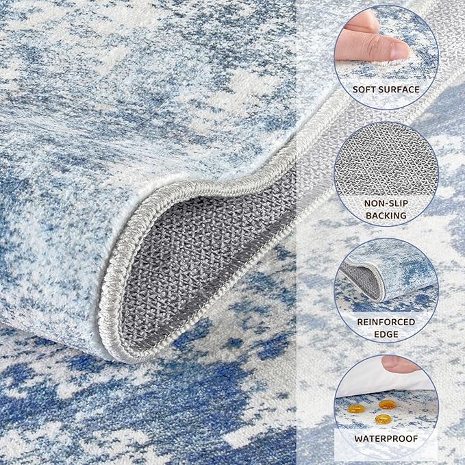 9x12 Area Rug Living Room Rugs - Washable Neutral Modern Abstract Soft Thin Rug Indoor Floor No Slip Rug Carpet for Bedroom Under Dining Table Home Office Decor - Blue White