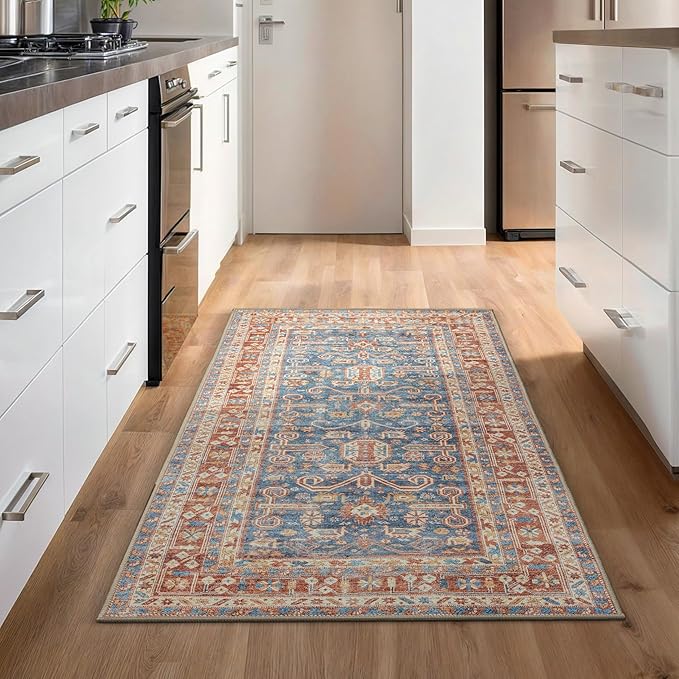 GLN Rugs Traditional Collection - Machine Washable Area Rug, Traditional Washable, Non Slip, Low Pile Chenille Rug, Living Room, Bedroom, Kitchen Rug (2'6" x 7' Terra/Slate Blue)