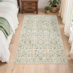 Washable Living Room Rug: 3x5 Boho Floral Soft Area Rug for Bedroom Decor - Vintage Low Pile Thin Carpet for Dining Room Non-Slip - Farmhouse Stain Resistant Rugs - Beige Green