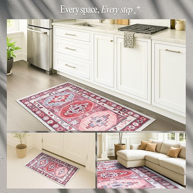 Fame Rugs Turkish Rug. Washable Vintage Oriental Antique Inspired Traditional Doormat Small Modern Area Rugs Luxury Entryway Entry Bedroom Bathroom Kitchen (378RR, 2'5 x 6'9)