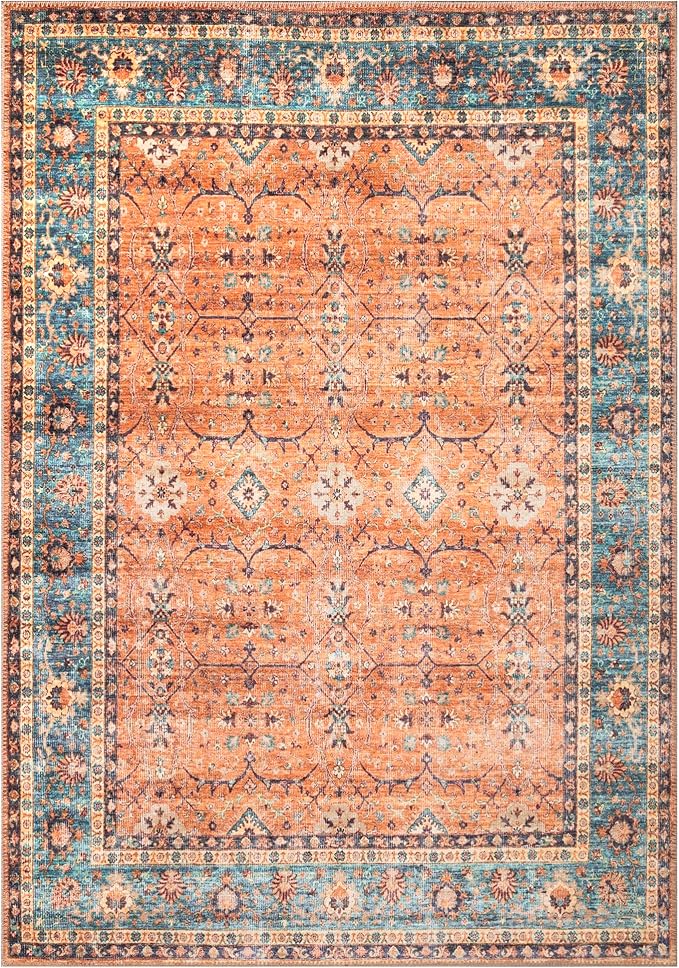 Bloom Rugs Washable Non-Slip 5' x 7' Rug - Orange/Teal Blue Traditional Bordered Area Rug for Living Room, Bedroom, Dining Room, and Kitchen - Exact Size: 5' x 7'