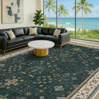 Dark Green Oushak Living Room Rug 10x14 - Modern Vintage Boho Eclectic Floral Pastel, Washable Low Pile Non-Slip Extra Large Area Rugs for Dining Under Table Bedroom Lounge