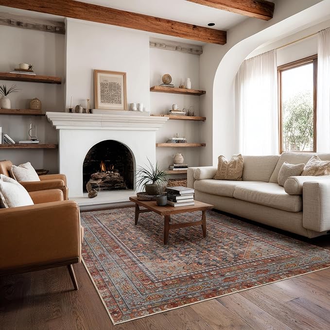 Kuden 6x9 Area Rug, Machine Washable Area Rug with Non-Slip Backing, Vintage Style, Soft, Easy Clean, Low Pile Rug for Living Room, Bedroom, Dining Room