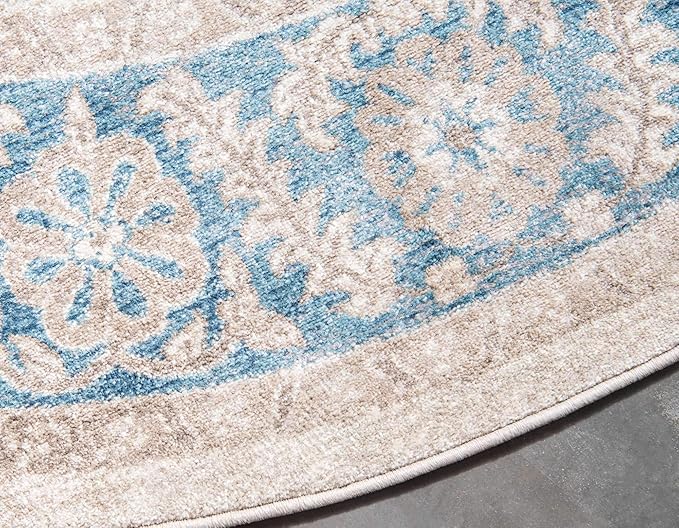 Unique Loom Salzburg Collection Classic Traditional Design Oriental Inspired Border Area Rug (5' 0 x 5' 0 Round, Beige/Blue)