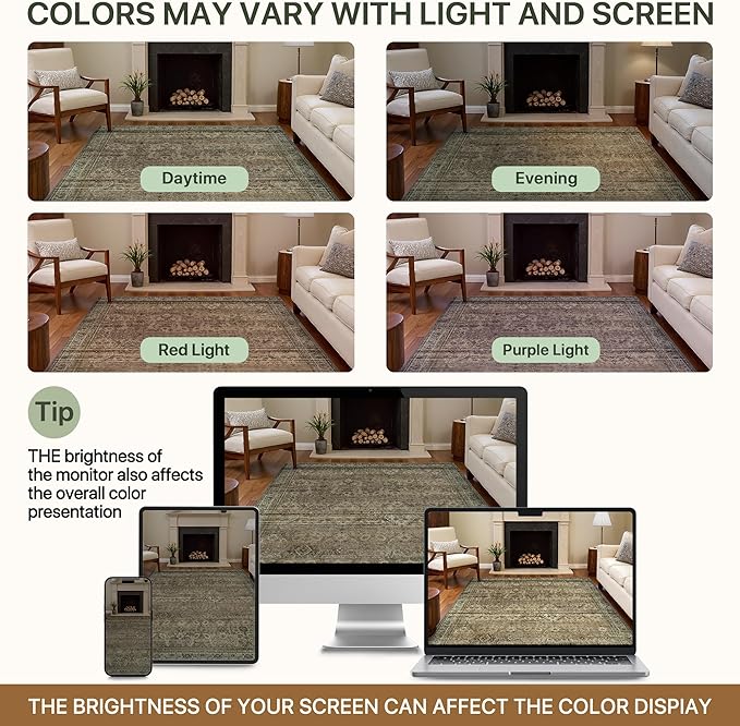 9x12 Area Rug Machine Washable Boho Rug for Living Room,Ultra-Thin Low Pile Carpet,Lightweight Indoor Printed Rug,Non Slip Floral Area Rug for Bedroom, Dining Room, Home Office,Sage