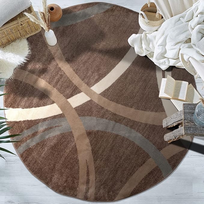 Rugshop Modern Wavy Circles Design Round Rug, Carpet with Jute Backing for Dining Room, Bedroom, or Living Room, Brown, 6'6" Round