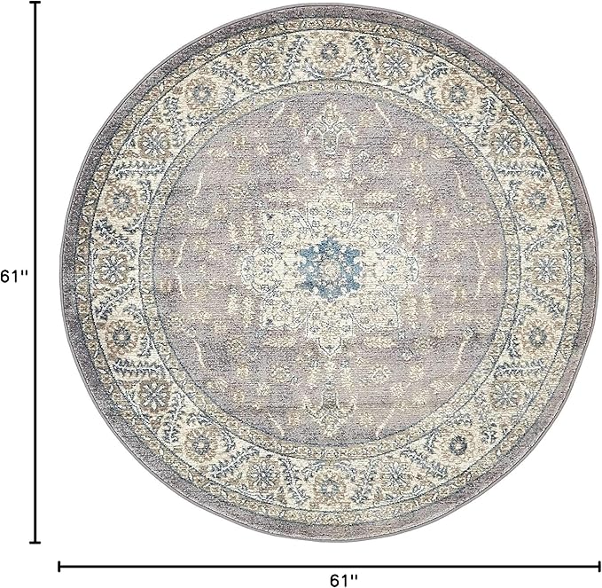 Unique Loom Salzburg Collection Classic Traditional Design Oriental Inspired Border Area Rug (5' 0 x 5' 0 Round, Gray/Beige)