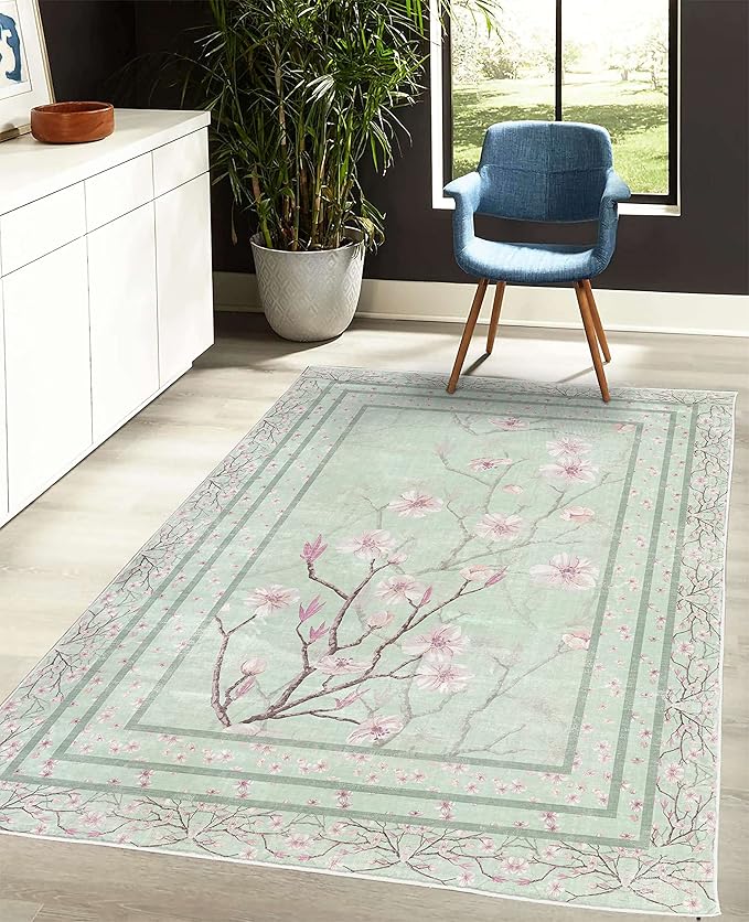 Ambesonne Apple Blossom Decorative Rug, Flowers and Blooming Spring Season Branches Nature Garden Romance, Quality Carpet for Bedroom Dorm and Living Room, 5' 1" X 7' 5", Mint Green and Pink