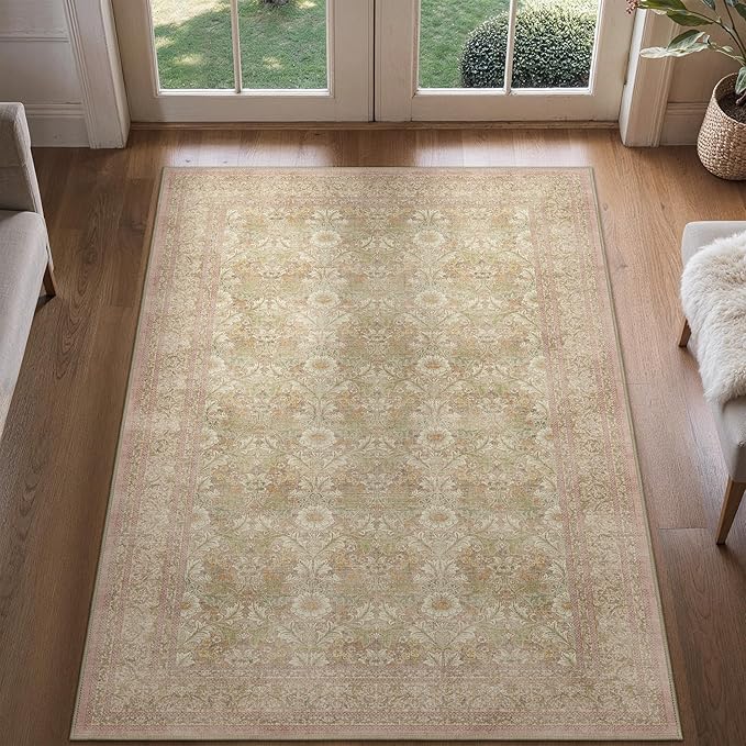 Bavni 3x5 Vintage Floral Rug, Washable Non Slip Area Rug for Entryway, Bedroom, Kitchen or Living Room, Low Pile Carpet, Brown Pink