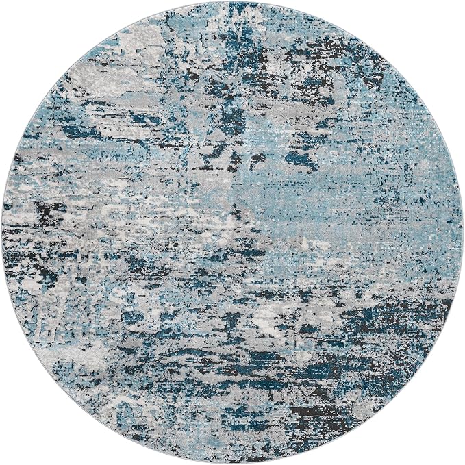 Rugs.com Leipzig Collection Rug – 8 Ft Round Blue Low-Pile Rug Perfect for Kitchens, Dining Rooms