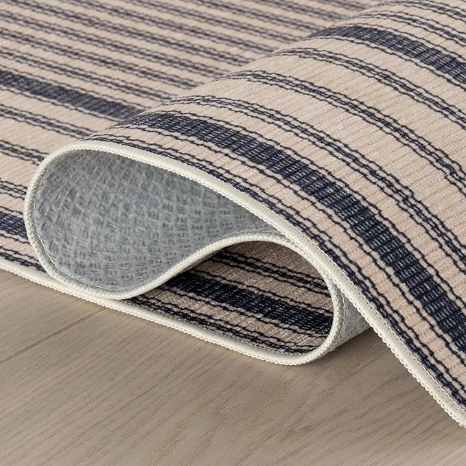 Dash & Albert Axiom Navy Machine Washable Rug, 8.5 X 11.5 Feet, Blue/Ivory Stripe Pattern
