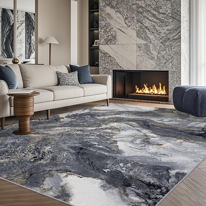 Abstract 5x7 Area Rugs: Modern Washable Rug for Living Room Bedroom Dining Room Indoor - Thin Low Pile Non-Slip Large Carpet - Black Gold