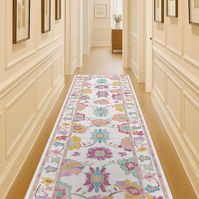 Fame Living Pink Oushak Runner Rug, Modern Runners, Vintage, Turkish, Eclectic, Floral, Pastel, Washable, Runner for Hallway, Kitchen, Bedroom, Bathroom, 2'5"x9'8"