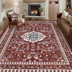 Luxury 8' x 10' Red Washable Area Rugs, Boho Low Pile Easy Clean Non-Slip Rug, Floral Medallion Pattern Vintage Rugs for Living Room, Dinning Room, Office, Bedroom, Bathroom, Laundry Room, Farmhouse