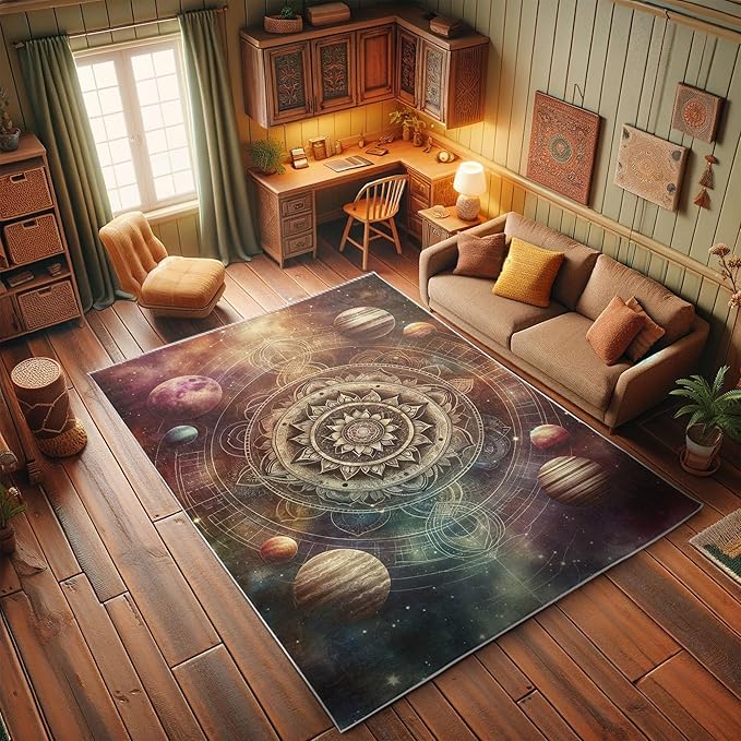 Ambesonne Galaxy Decorative Rug, Dreamy Art of Starry Outer Space with Planets Featuring Oriental Mandala, Quality Carpet for Bedroom Dorm and Living Room, 2' 5" x 5', Pale Camel Dried Rose