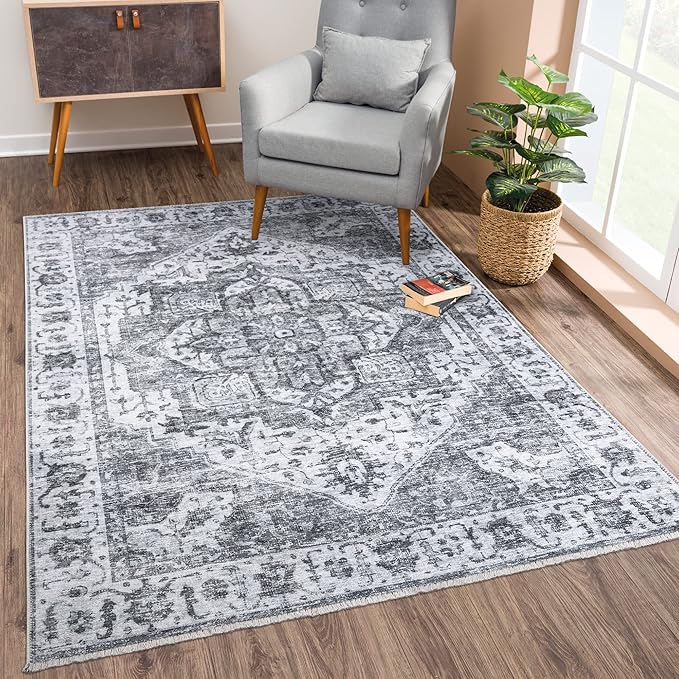 Bloom Rugs Caria Washable Non-Slip 3x5 Rug - Silver/Dark Gray Traditional Area Rug for Living Room, Bedroom, Dining Room, and Kitchen - Exact Size: 3' x 5'