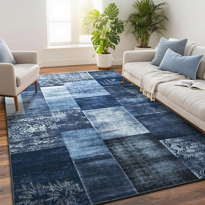 Tepook Modern Area Rug for Living Room, 4x6 Geometric Large Rugs for Bedroom, Washable Patchwork Rug Indoor Non-Slip Throw Carpets for Dining Room Office Farmhouse Home Decor, Blue