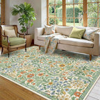5×7 Grass Green Washable Floral Area Rug,Vintage Boho Soft Low-Pile Living Room Rugs, Stain Resistant Botanical Non-Slip Carpet for Bedroom,Dining Room, Kids Nursery,Home Decor
