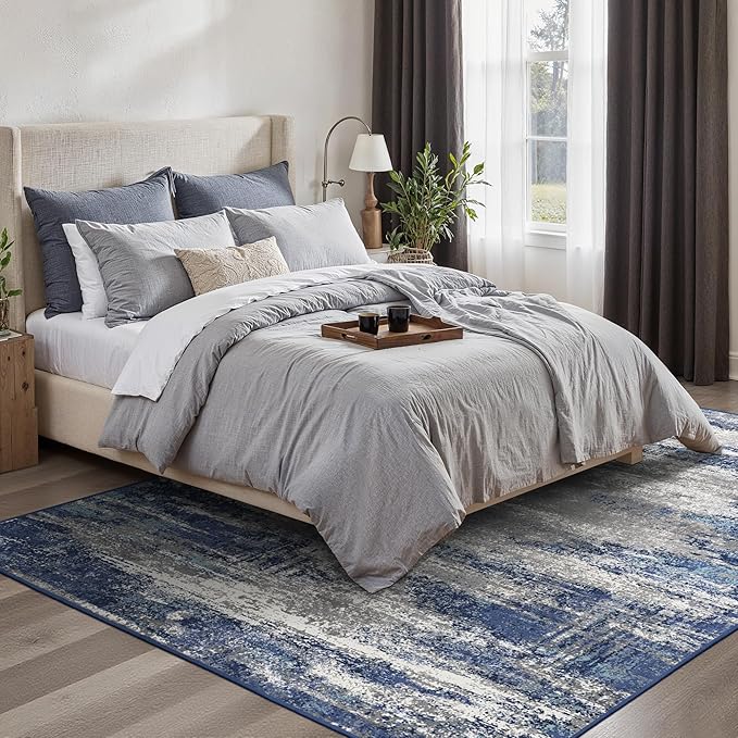 GENIMO 4x6 Area Rugs for Living Room, Non Slip Machine Washable Modern Indoor Rug, Low Pile Lightweight Blue Print Rug for Bedroom Dining Room Home Office, Blue Ivory