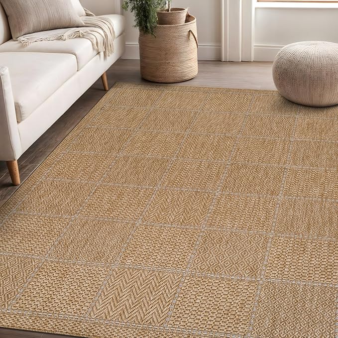 Beverly Rug Easy Jute Checkered Squared Rug 10x14 Washable Large Indoor Outdoor Area Rugs for Living Dining Room Patio Office Stain Resistant Non Shedding Casual Indoor Outside Carpet 10 x 14 Natural
