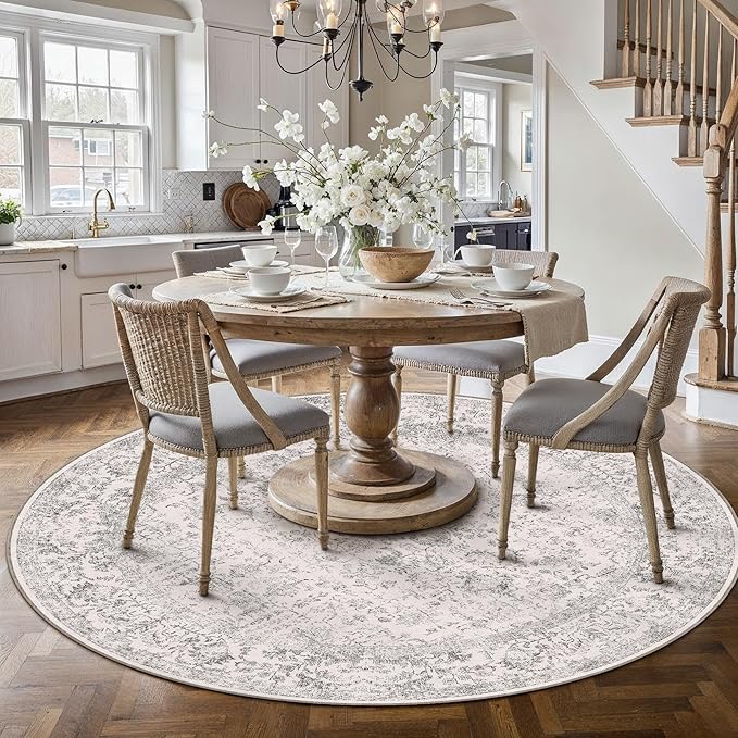 Grey Round Area Rug 6ft Entryway Door Mat Small Circle 6x6 Kitchen Vintage Carpet Non Slip Indoor Bedroom Washable Distressed Floral Retro Accent Throw Rug Office Bathroom