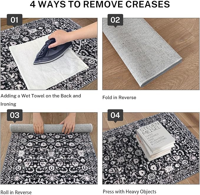 Hallway Runner Rug, Black and White Washable Runner Rug 2x8 Vintage Floral Kitchen Rug Runner Non Slip Boho Thin Printed Faux Wool Super Soft Carpet for Entryway Bedroom Laundry Room Indoor