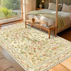 5x7 Area Rugs for Living Room, Machine Washable Non-Slip Carpet, Boho Floral Low Pile Throw Rugs for Bedroom, Dining Room, Office, Nursery, Vintage Home Decor（Beige）