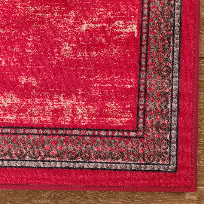 Antep Rugs Alfombras Bordered Modern 2x10 Non-Slip (Non-Skid) Low Pile Rubber Backing Indoor Area Runner Rug (Red, 2' x 10')