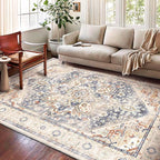 Washable Area Rug 9'x12' Blue Khaki Retro Flowers Boho Design Non-Shedding Easy Care Ideal for High Traffic Areas in Living Room Bedroom Office Coffee Table Kitchen Large Carpet