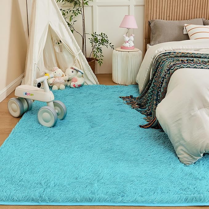 Andency Blue Soft Area Rugs for Living Room Bedroom, 3x5 Non-Slip Fluffy Shag Carpet, Indoor Floor Fuzzy Shaggy Living Room Plush Rug for Kids Dorm Nursery Home Decor Aesthetic