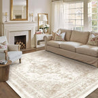 Area Rug 9x12 Cream Washable Living Room Beige Carpet Non Slip Vintage Medallion Indoor Bedroom Beige Carpet Low Pile Soft Retro Distressed Large Rug Home Office Dining Room Playroom