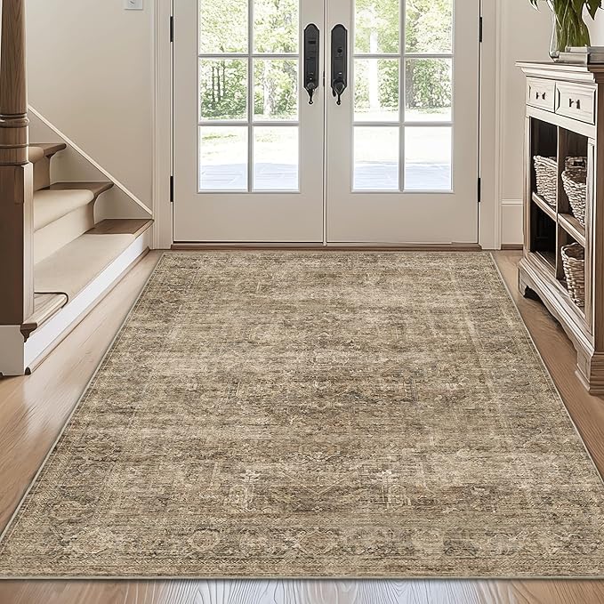 FMFUNCTEX 3x5 Washable Area Rug Brown Vintage Neutral Distressed Non Slip Low Pile Traditional Retro Indoor Carpet for Entryway Entrance Soft Rug Living Room Bedroom Kitchen Dining Office Laundry