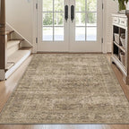 FMFUNCTEX 3x5 Washable Area Rug Brown Vintage Neutral Distressed Non Slip Low Pile Traditional Retro Indoor Carpet for Entryway Entrance Soft Rug Living Room Bedroom Kitchen Dining Office Laundry
