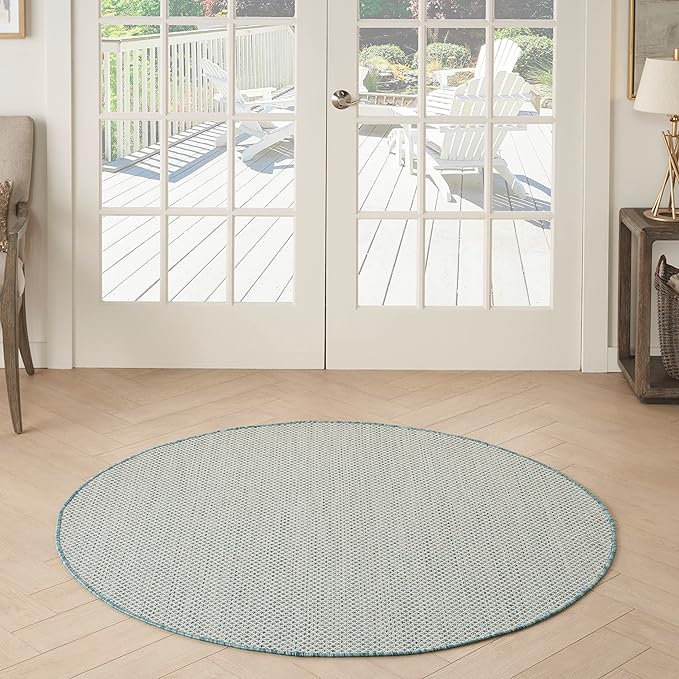 Nourison Home Courtyard Ivory Aqua 5' x Round Area Rug - Easy Clean, Non Shedding, Bed Room, Living Room, Dining Room, Kitchen (5' x Round)
