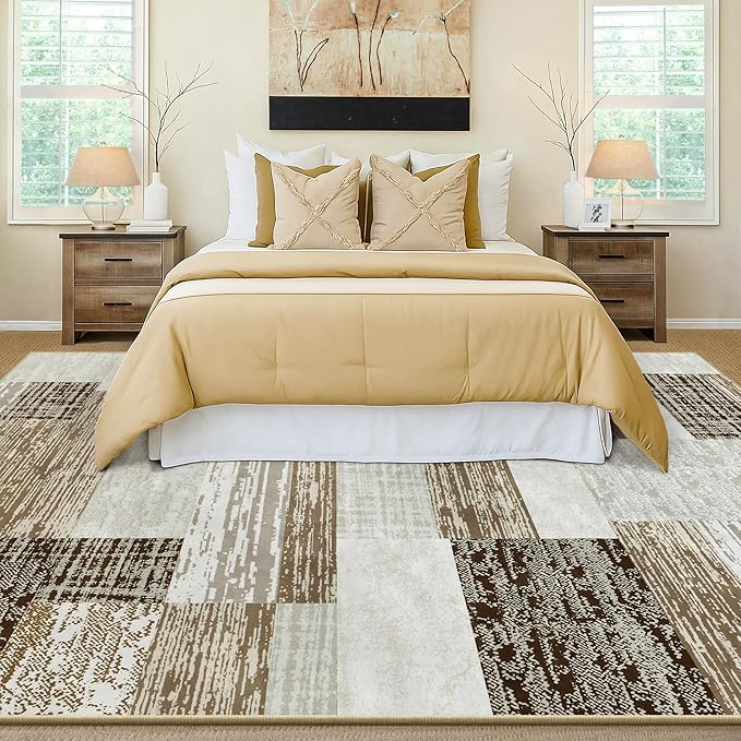 Large Area Rugs,Modern Geometric Patchwork Floor Decor for Bedroom Aesthetic Carpet, Rockwood Collection, Indoor Rugs for Living Room, Dining Room, Nursery, Office, Machine Washable Rug,8x10 Ft Beige
