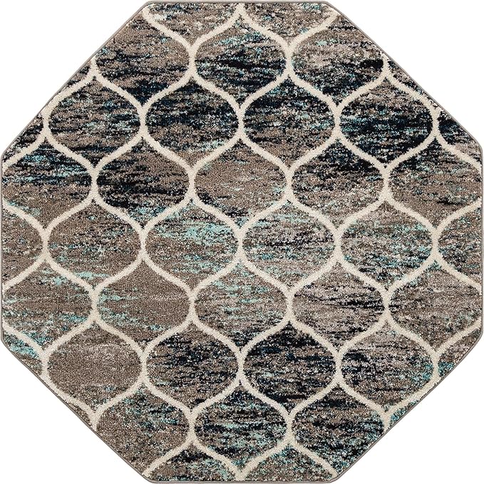 Rugs.com Lattice Frieze Collection Rug – 5' Octagon Blue Multi Medium Rug Perfect for Living Rooms, Kitchens, Entryways