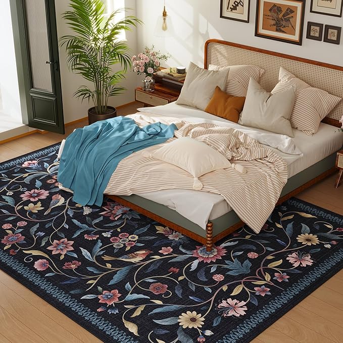 Vintage Medallion Floral 5x7 Area Rugs, Machine Washable Non-Slip, Low Pile Soft Carpet for Living Room, Bedroom, Dining Room, Farmhouse, Kids Playroom, Office | Blue
