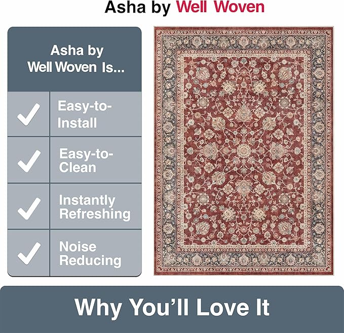 Well Woven Asha Rome Red 6' x 9' Area Rug - Oriental Floral Pattern, Easy Clean, Floor-Friendly Backing - for Living Room, Bedroom, and Dining Room