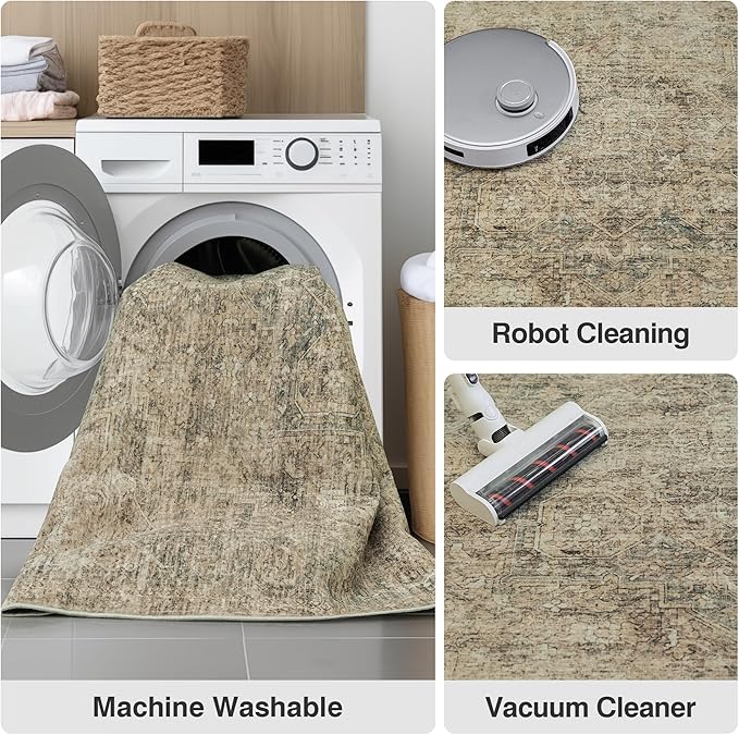Fmfunctex 9x12 Washable Area Rug Brown Vintage Neutral Distressed Oriental Large Non Slip Carpet for Living Room Bedroom Soft Low Pile Indoor Mat Retro Throw Rug for Dining Room Kitchen Office Nursery