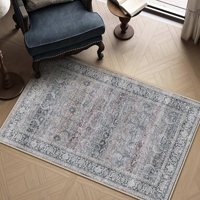 HUGEAR 3x5 Area Rug Purple Washable Vintage Neutral Distressed Carpet Soft Non Slip Low Pile Pet Friendly for Bathroom Kitchen Bedside Entryway Hallway Porch