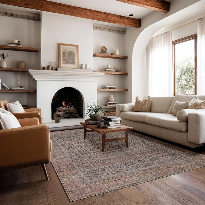 Kuden 5x7 Area Rug, Machine Washable Area Rug with Non-Slip Backing, Vintage Style, Soft, Easy Clean, Low Pile Rug for Living Room, Bedroom, Dining Room