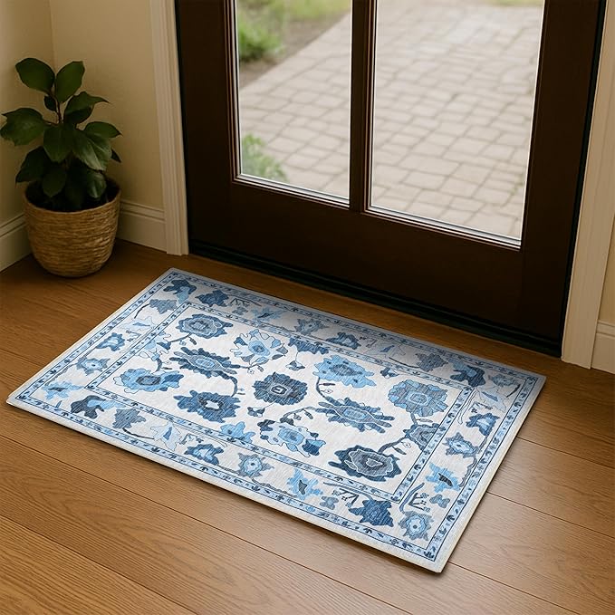 Fame Living Navy Blue Oushak Rug, Modern Small Rugs, Vintage, Turkish, Eclectic, Floral, Pastel, Washable, Door Mat, Doormat for Indoor Entrance, Entryway, Kitchen, Bathroom, Bedroom, Laundry, 2'x3'