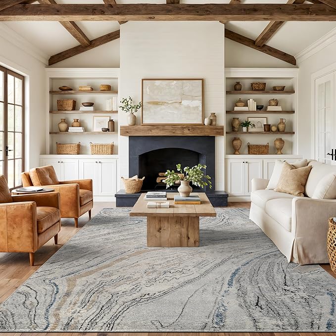 Rugshop Marble Swirl Distressed Gray Area Rug 7' 10" x 10' Ideal for Sectional Seating Areas, Bedrooms, or Large Dining Spaces