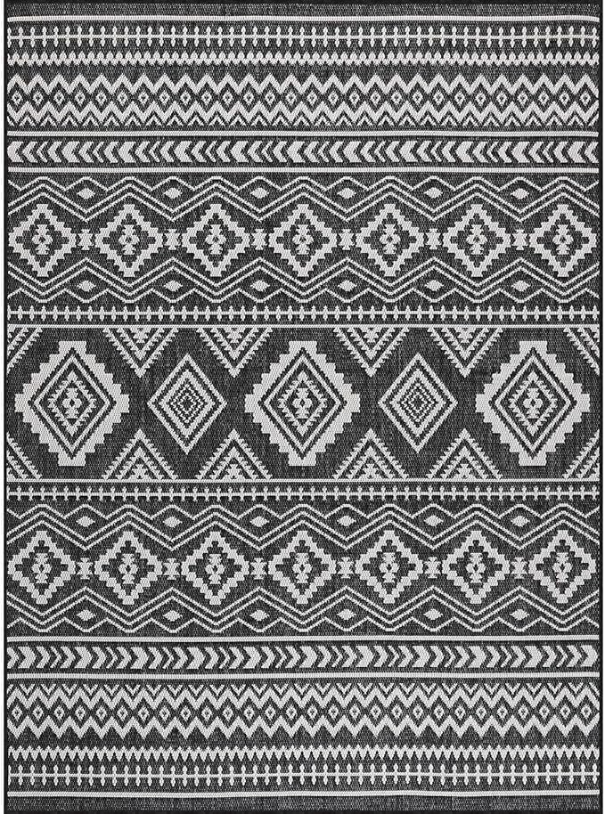 Beverly Rug Waikiki Boho Indoor Outdoor Rug 8x10, Washable Outside Carpet for Patio, Deck, Porch, Bohemian Area Rug, Farmhouse Rugs, Aztec Tribal Rug, Black and White
